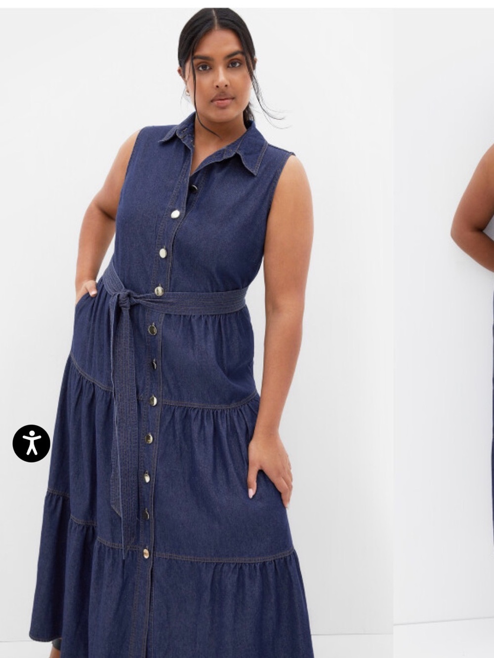 City Chic Navy Sleeveless Tiered Button-Front Denim Maxi Dress with Tie Belt - Picture 2 of 8